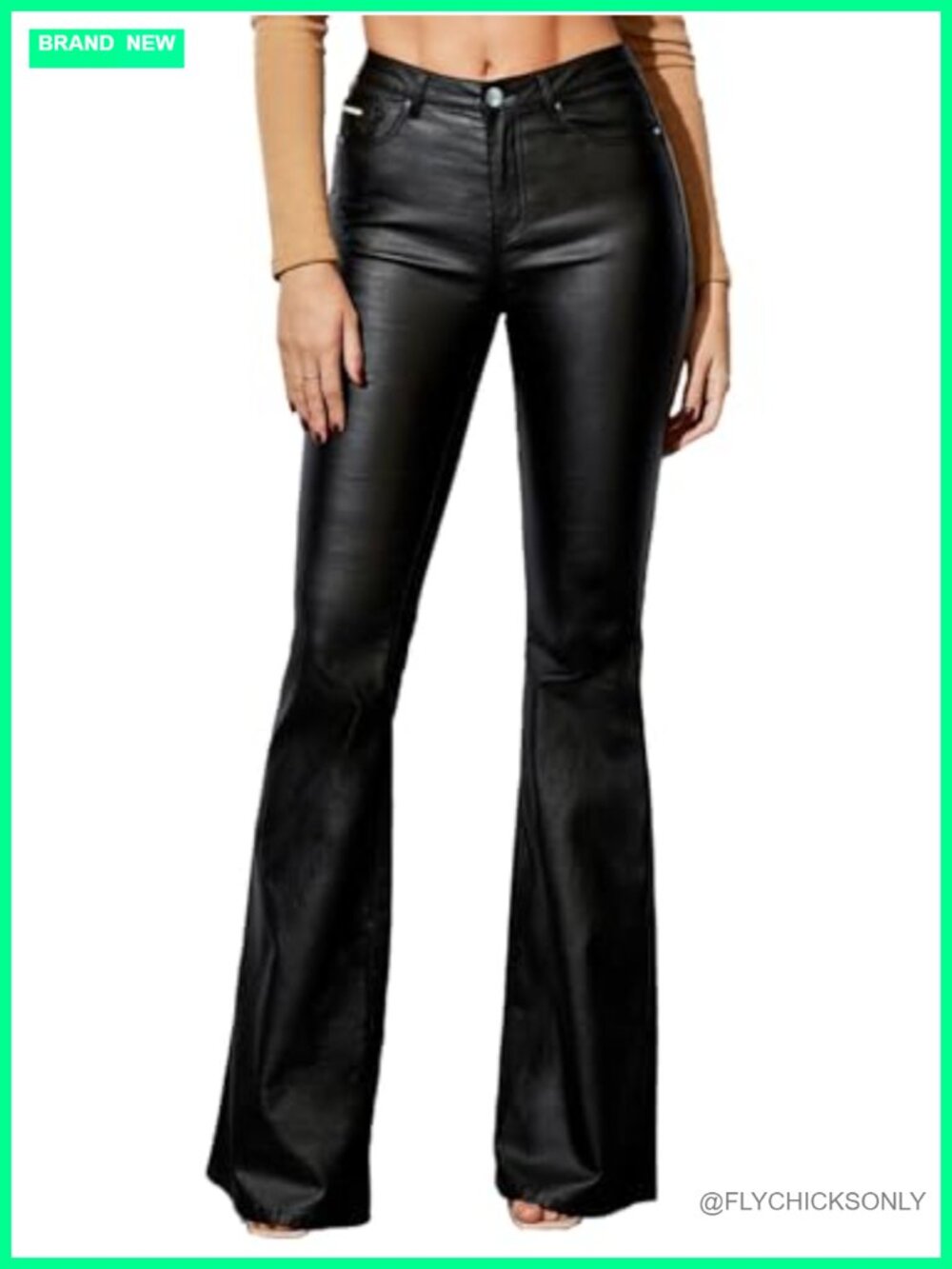 Faux Leather Flare Pants Mid Waist PU Skinny Black Coated Leggings Bell Bottom